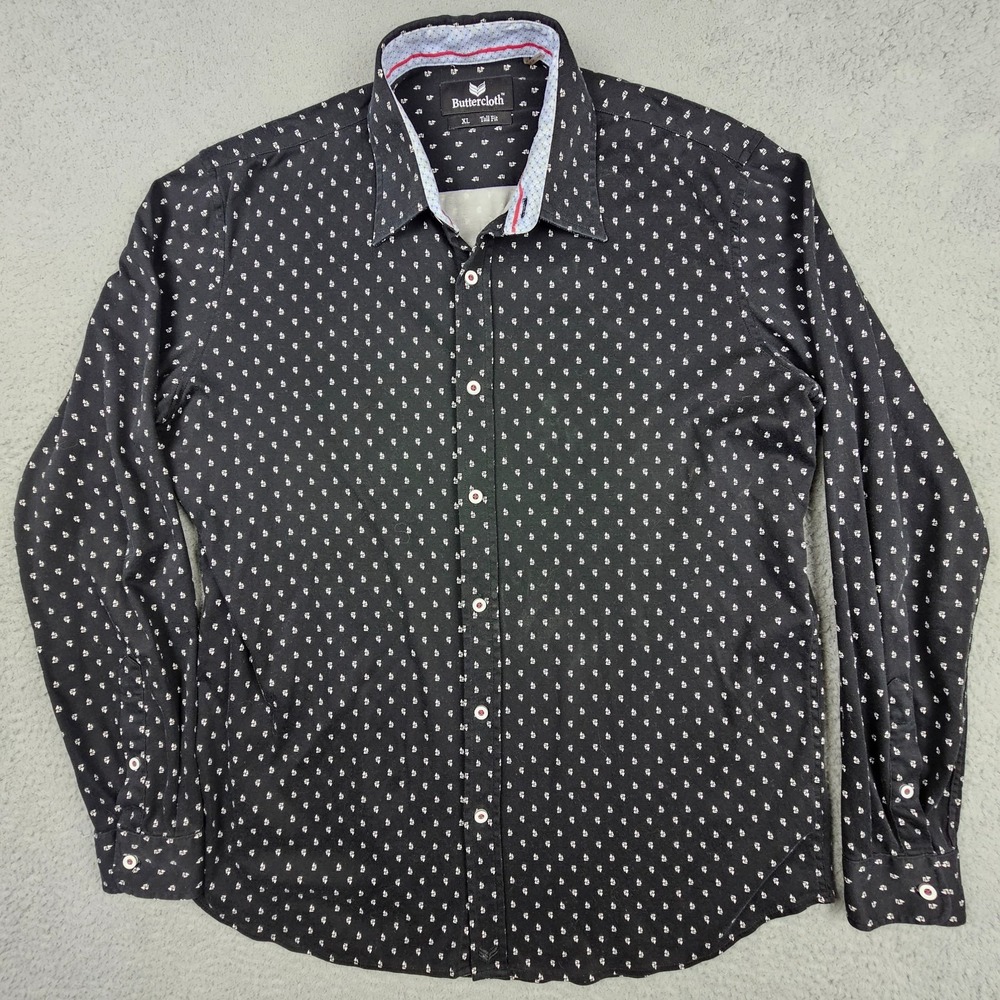 Buttercloth XLT Tall Fit Micro Sailboat Print Shirt Black Flip‎ Cuff Button Up